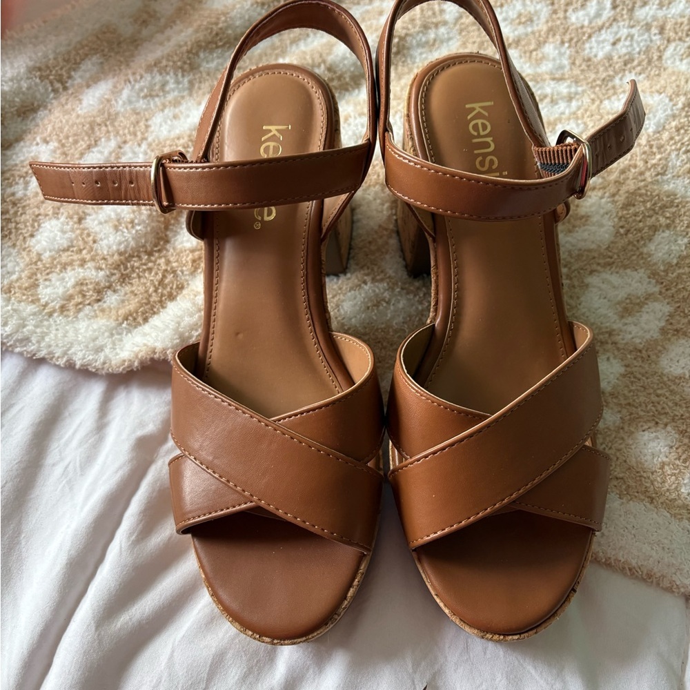 Kensie Brown Leather Wedge Sandals